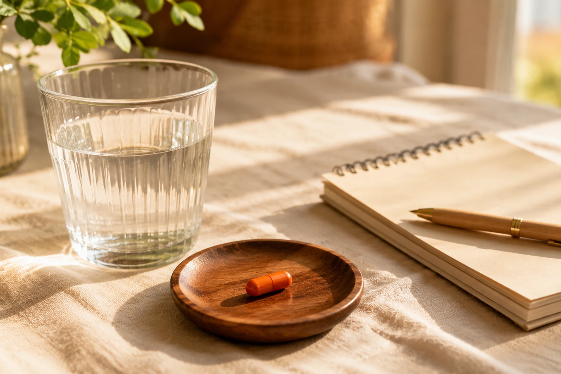 Herbal Betakaroten-kapsel på liten trefat ved siden av vannglass og notatbok