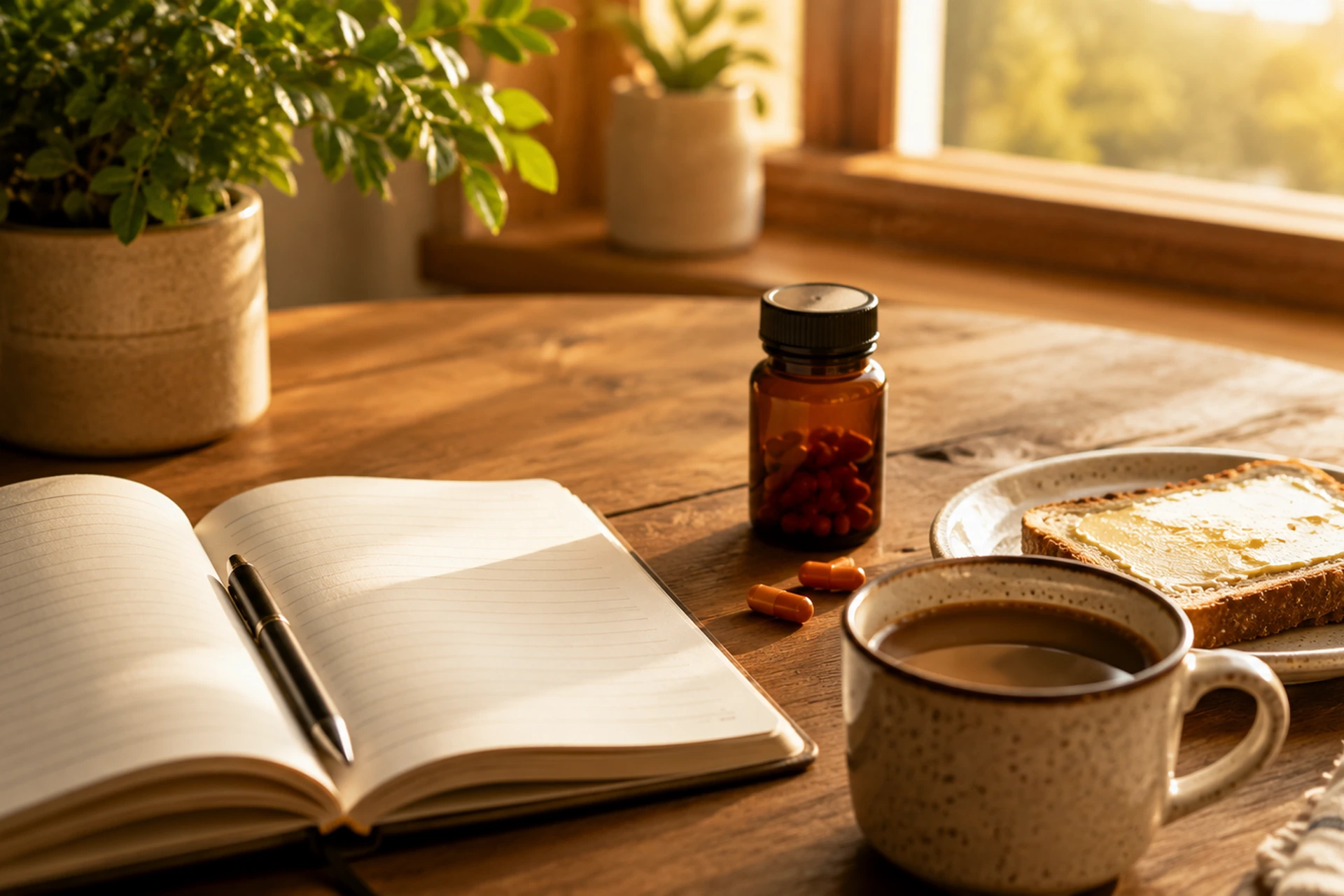 Frokostbord med Herbal Betakaroten-tabletter, kaffe og brødskive i morgenlys