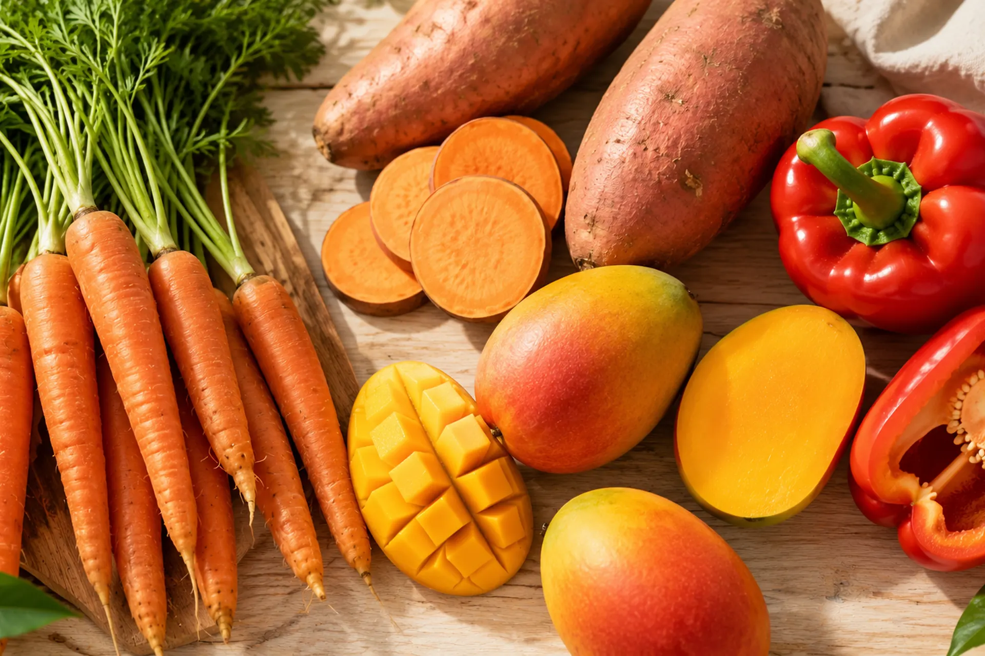 Gulrøtter, søtpotet, mango og rød paprika på kjøkkenbord