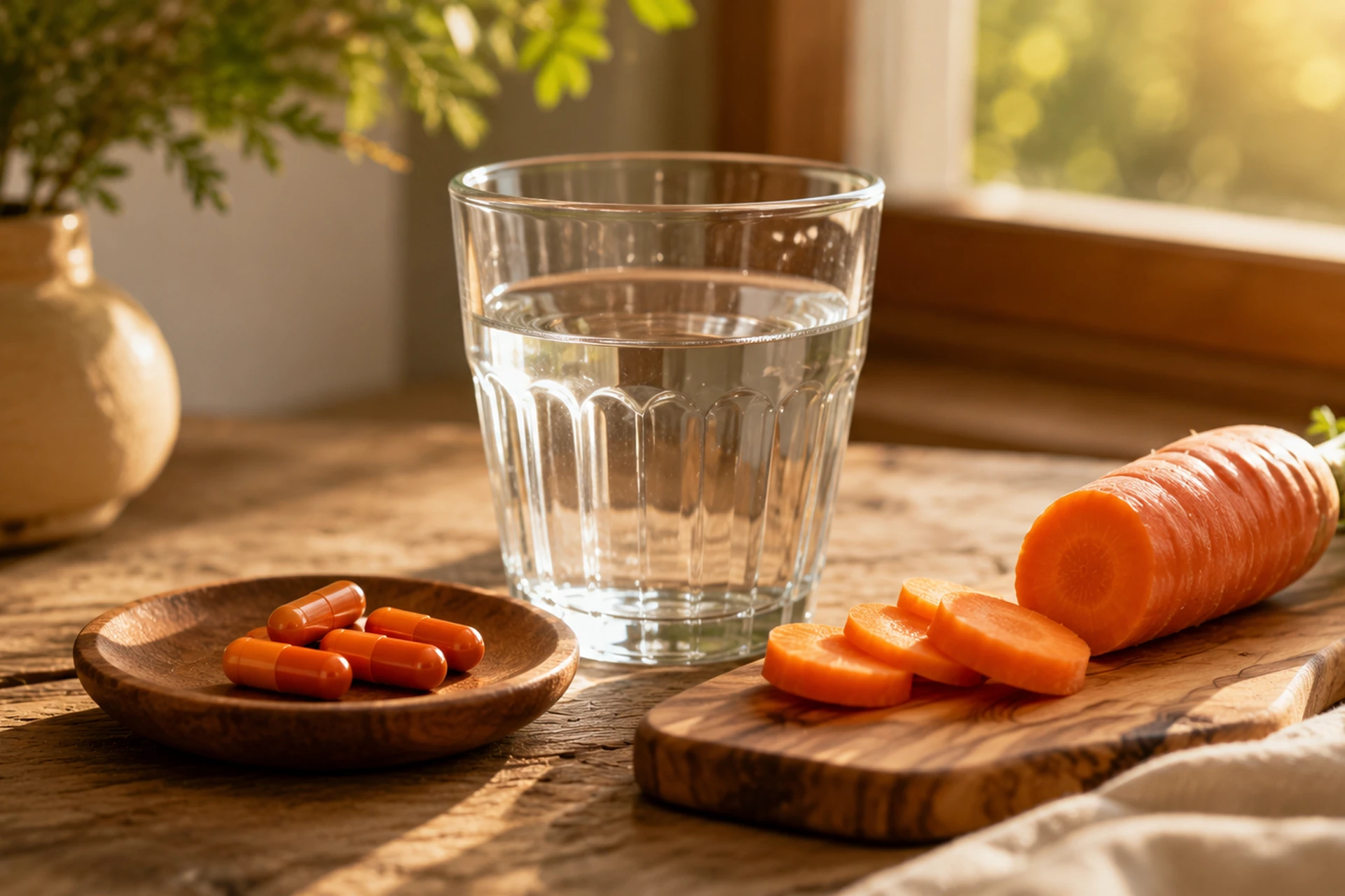 Herbal Betakaroten-kapsler på tallerken ved siden av et glass vann og oppskåret gulrot