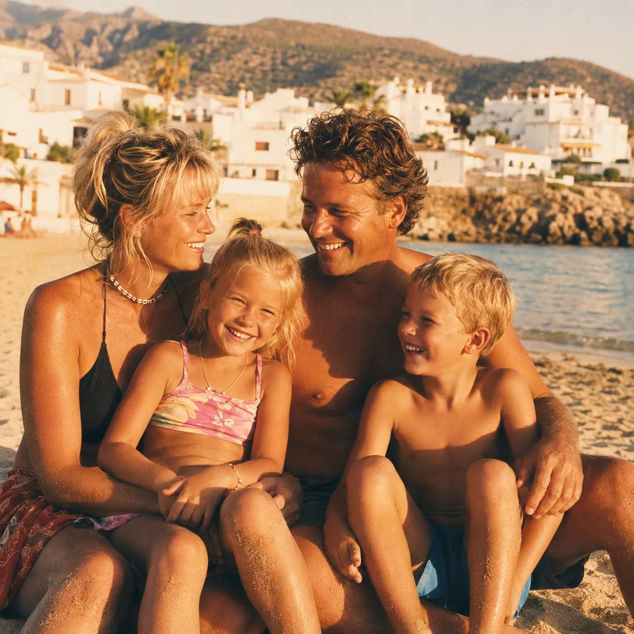 Familie på fire som sitter sammen og smiler på en sydenstrand