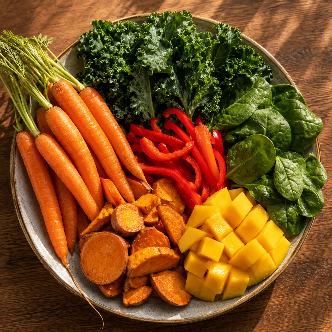 Skål med gulrøtter, grønnkål, spinat, paprika, søtpotet og mango
