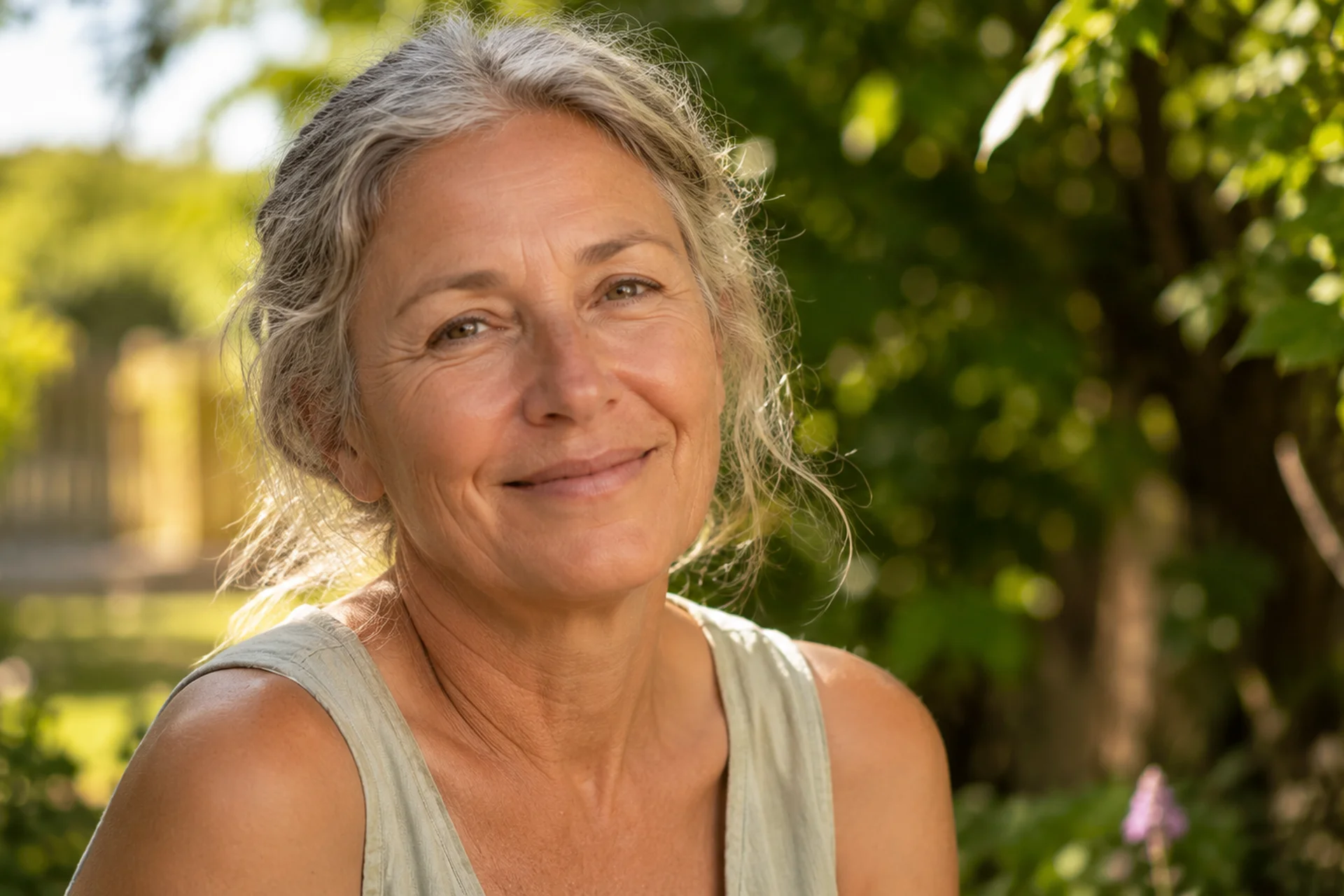 Smilende eldre kvinne utendørs i solskinn med sommerbrun hud